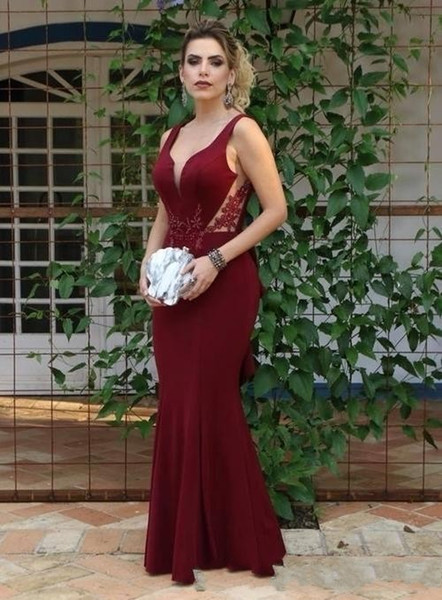 Charming Burgundy Mermaid Prom Dresses with Applique Sexy Open Back Long Ruffles Evening Gowns Cheap Bride Dress