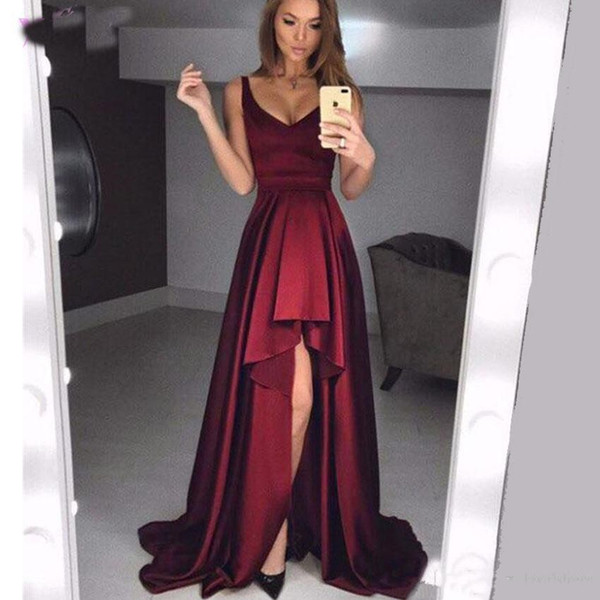 Elegant High Low Burgundy Prom Dresses A Line Long Evening Party Dress Formal Pageant Gowns vestidos de festa Ruched V Neck