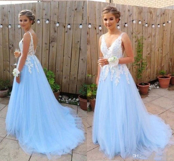 Light Sky Blue Prom Dresses V Neck Sweep Train With Tulle Appliques Sleeveless Custom Made Cheap