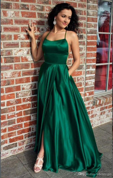 Simple Prom Dress With Pockets Criss Cross Straps Back Long Evening Dresses Sexy Split A-line