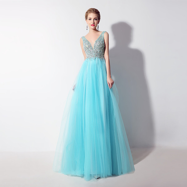 Sexy V Neck Cheap Prom Dresses Beaded Tulle Sleeveless Evening Dresses Formal Evening Party Gowns Lx066