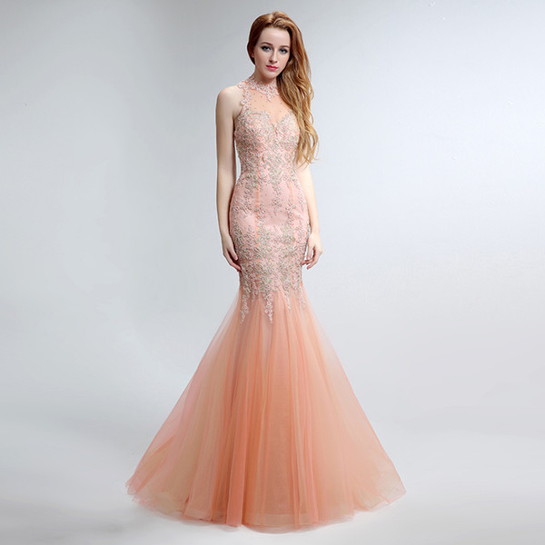 New Mermaid Prom Dresses Lace Appliques High Neck Beaded With Zipper Evening Dresses Formal Evening Party Gowns Lx153