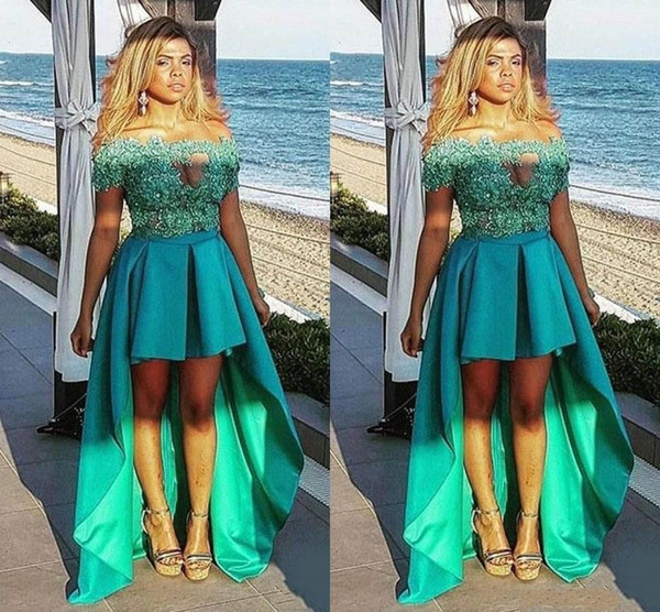 Generous Green Off Shoulder Cheap Lace Short Hi-Lo Prom Dresses Satin Lace Appliques Pleats Formal Dress Evening Party Gowns