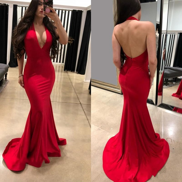 Elegant Red Mermaid Prom Dresses Halter Neck Satin Backless Evening Gowns Sweep Train Special Occasion Formal Dresses robes de soirée