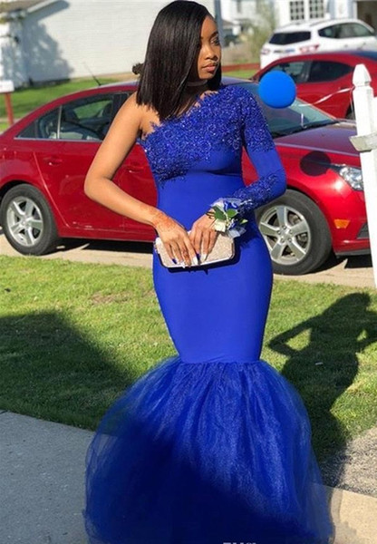 Mermaid Royal Blue One Shoulder Prom Dresses African Black Girls Pageant Holidays Graduation Wear Formal Evening Party Gowns Plus Size