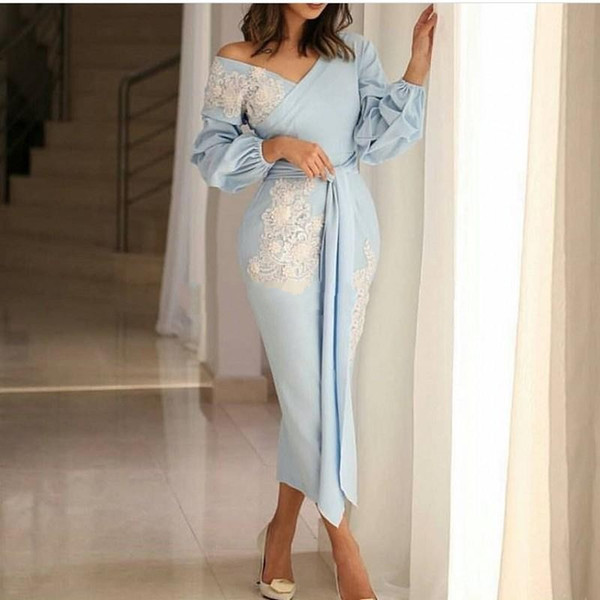 Generous Hot Sale V Neck Full Sleeves Prom Dresses Lace Appliques Evening Gowns Dubai Arabic Evening Dress