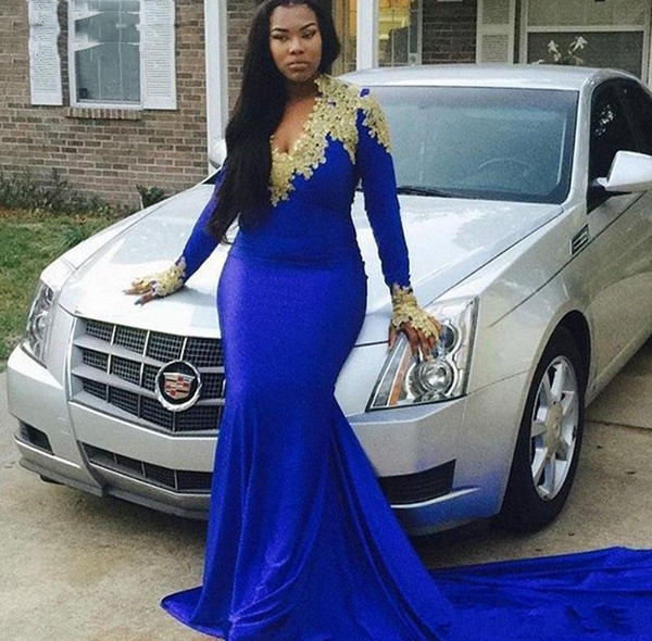 Generous African Plus Size Royal Blue Mermaid Prom Dresses Gold Appliques Long Sleeves V Neck Evening Dress Formal Party Gowns