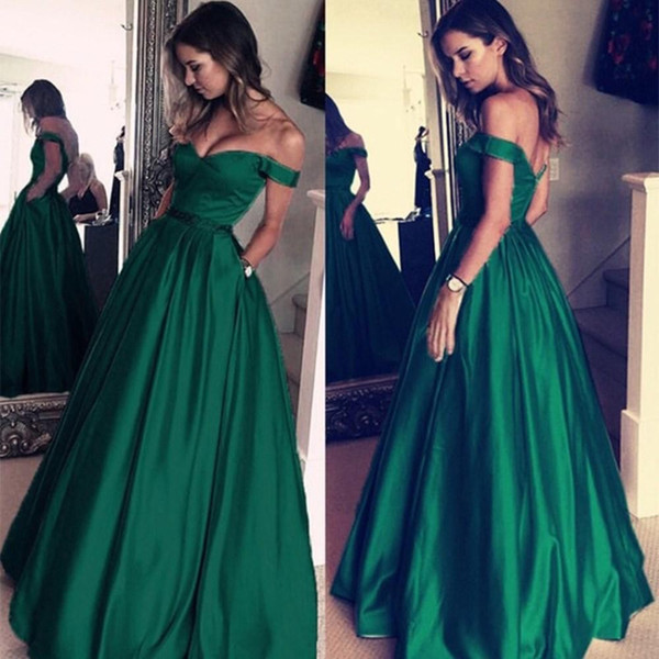 A-line Prom Dresses With Pocket Evening Off The Shoulder Long Formal Party Dress Dark Green Cheap Vestido De Fiesta De Graduacion