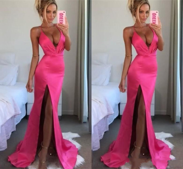 Modest Mermaid Hot Pink Prom Dresses Deep V Neck Sleeveless Front Split Evening Dress Cheap Party Gowns