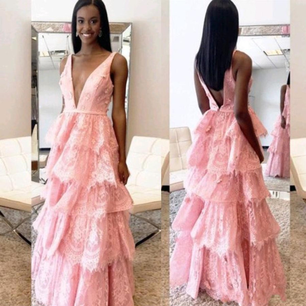 Stylish V-Neck A-Line Pink Lace Layers Skirt Long Prom Dress Open Back Sexy Girls Occasion Party Dress