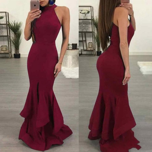 Charming Burgundy Satin Prom Dresses Long Mermaid Evening Dresses Front Slit Formal Pageant Prom Gowns Sexy Party Graduation Dresses