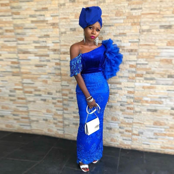 Modest Aso Ebi Mermaid Prom Dresses One Shoulder Ruffles Tassel Ankle Length African Mermaid Evening Gowns Royal Blue Dubai Party Dress