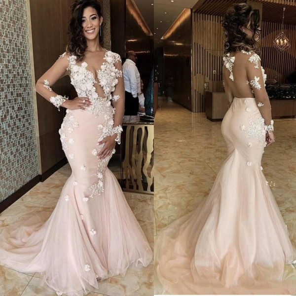 Cheap Illusion African Mermaid Prom Dresses Sheer Back Sexy 3D Appliques Lace Flowers Pageant Gowns Illusion Long Sleeves Evening Dress