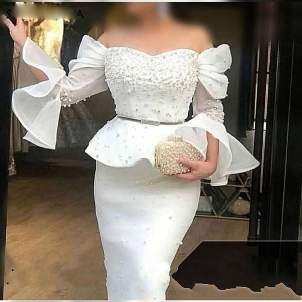 Modest African White Prom Dresses Sexy off The Shoulder Beads Pearls Peplum Long Sleeves Evening Dress Plus Size vestidos