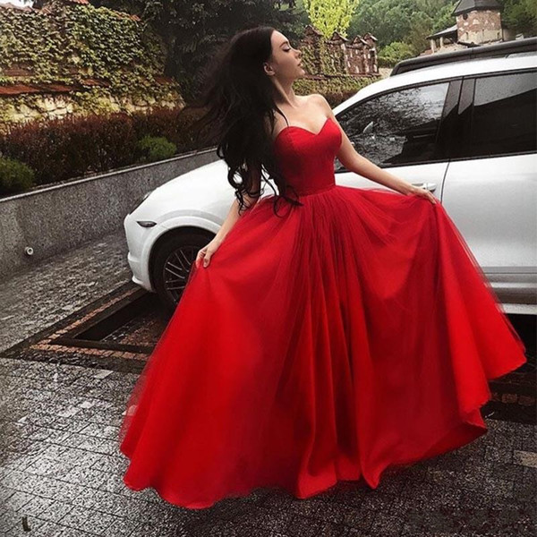 Stylish A Line Prom Dresses Sweetheart Simple Red Tulle Long Vestido De Formatura Evening Formal Party Gowns