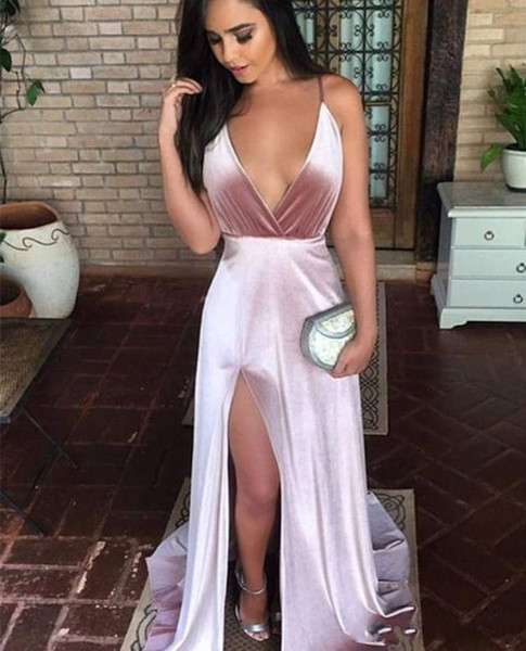 Deep V-Neck Velvet Prom Dresses Spaghetti Prom Gowns Backless Split Party Dress Sweep Train Long Evening dresses Sleeveless Custom