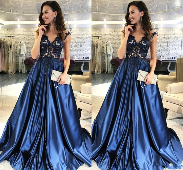 Modest Navy Blue Prom Dresses African Capped Sleeves Satin Skirt Long Evening Dresses Party Gowns Appliques Beaded Vestidos