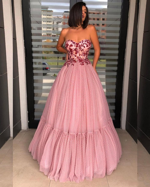 Charming Sweet Pink A Line Wave Point Prom Dresses Sweetheart Lace Appliques Bead Sequined Floor Length Evening Dress Formal Gowns