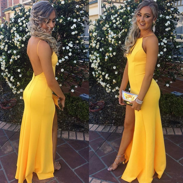 Elegant Yellow Mermaid Prom Dresses Sexy Backless Halter Neck Long Side Split Evening Gowns Hot Vestidos de festa