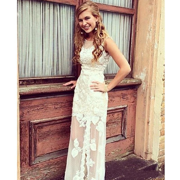 Elegant A-Line Prom Dress White Lace Applique Prom Dresses Evening Dress Sleeveless Party Gown Custom Made