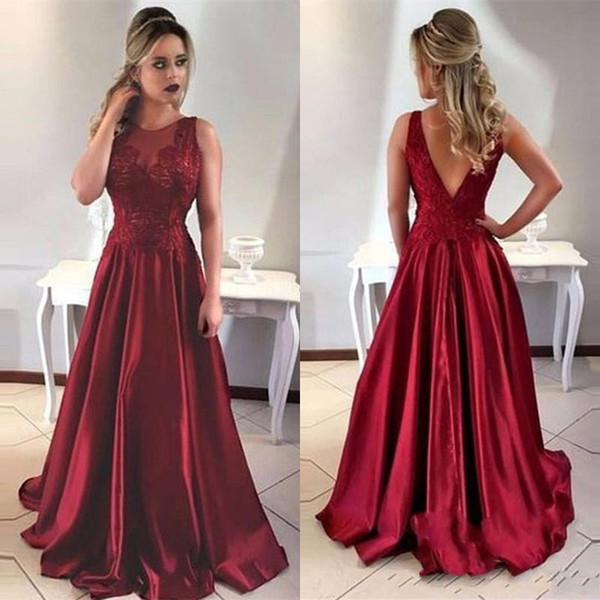 Charming Dark Red A Line Prom Dresses Sheer Neck Lace Appliques Satin Backless Sweep Train Special Occasion Formal Party Evening Gowns