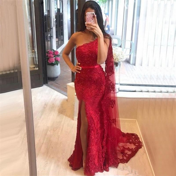 Generous One Shoulder Lace Mermaid Prom Dresses Tulle Lace Applique Split Slit Sweep Train Formal Party prom Dress Evening Gowns