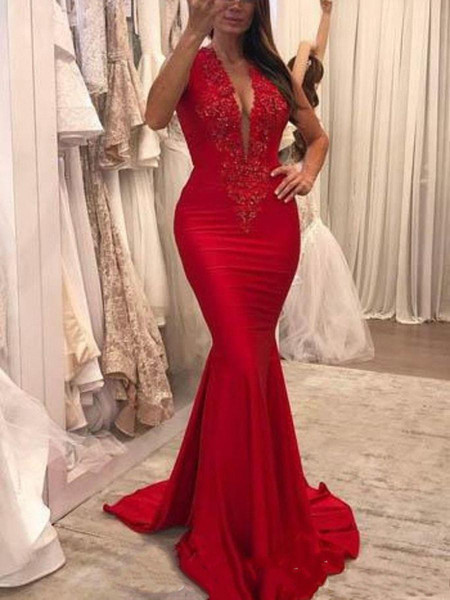 Modest Deep V Neck Red Mermaid Prom Dresses for African Black Girls Vestido De Festa Backless Lace Applique Runway Fashion Party Gowns