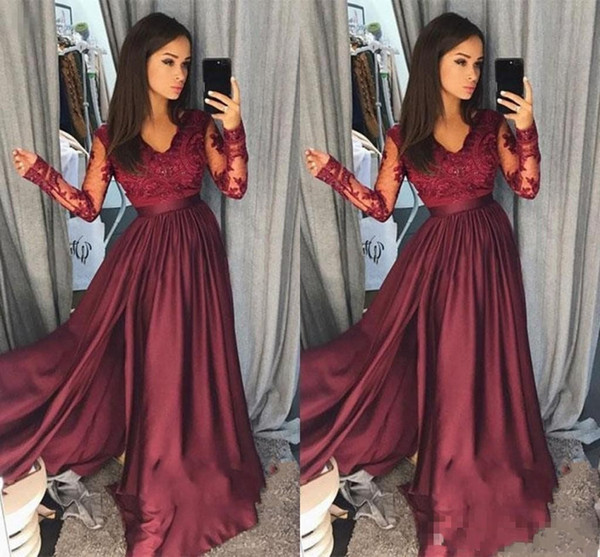 Modest Burgundy Prom Dresses V Neck Lace Appliques Beaded Long Sleeves Floor Length Side Split Formal Special Party Wear Evening Gowns