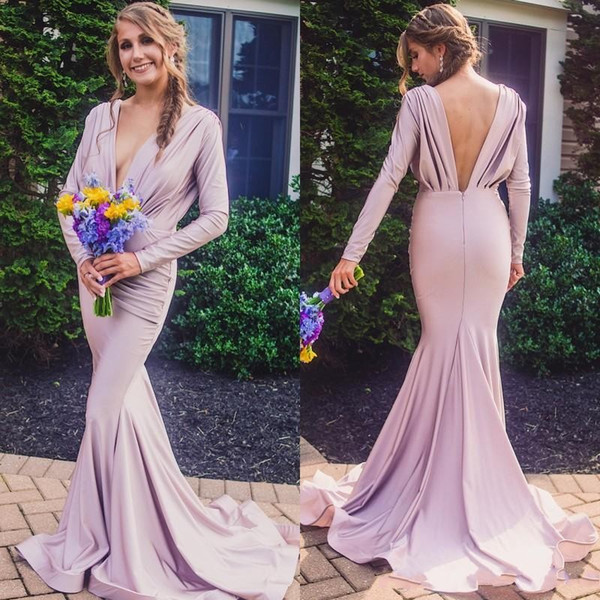 Elegant Lavender Mermaid Prom Dress Deep V-Neck Long Sleeve Backless Evening Gowns Formal Party Dresses