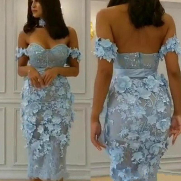 Elegant Light Sky Blue Tea Length Prom Dresses 3D-Floral Flowers Applique Off The Shoulder Lace Party Evening Gowns Short Prom Gowns