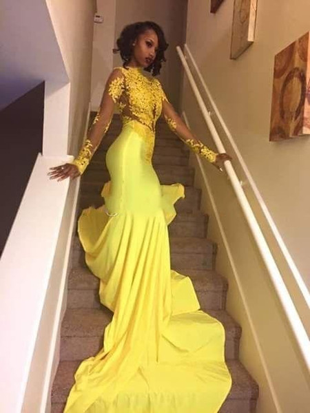 Generous Yellow Prom Dresses Mermaid African Evening Party Gowns Sheer Neck Celebrity Dresses For Women Lace Beads Cheap Black Girl