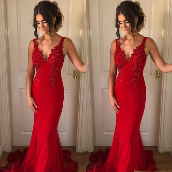 Generous Red Mermaid Prom Dress V Neck Appliques Beads Sweep Train Special Occasion Dresses Custom Made Evening Gown