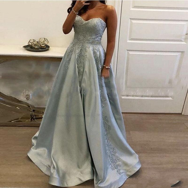 Elegant Cheap Sweetheart A-line Prom Dress Appliques Beading Floor Length Girls Party Dress Custom Made Satin Blue Formal Evening Gown