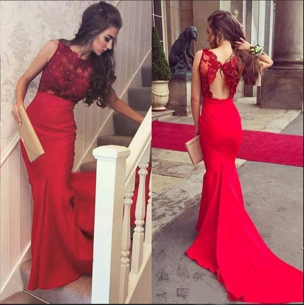 Elegant Red Mermaid Prom Dresses Beaded Crystals Open Back Lace Appliqued Floor Length Formal Evening Gowns Dresses