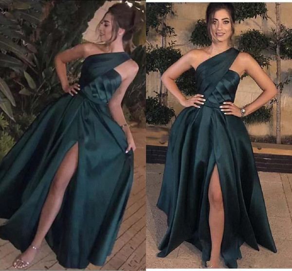 Modest Dark Green Elegant One Shoulder Satin Arabic Sexy Prom Dresses High Side Slit Formal Evening Party Dresses Long Evening Gowns