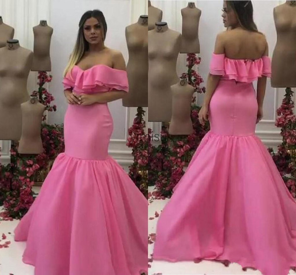 Simple Hot Pink Mermaid Prom Dresses Off Shoulder Ruffles Sweep Train Long Formal Evening Party Gowns Special Occasion Dress vestidos