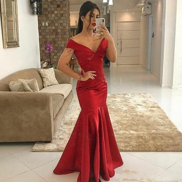 Modest Red Mermaid Prom Dreses With Off shoulder floor Length Special Occasion Dresses Floor Length Formal Evening Dress Cheap