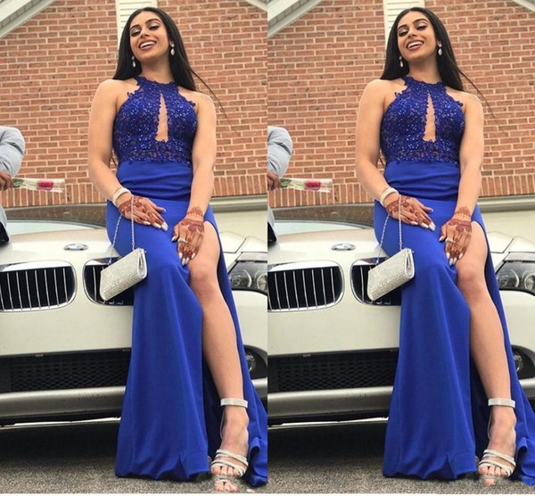 Elegant African Royal Blue Mermaid Prom Dresses Halter Neck High Side Split Lace Appliqued Floor Length Sexy Dresses Evening Wears