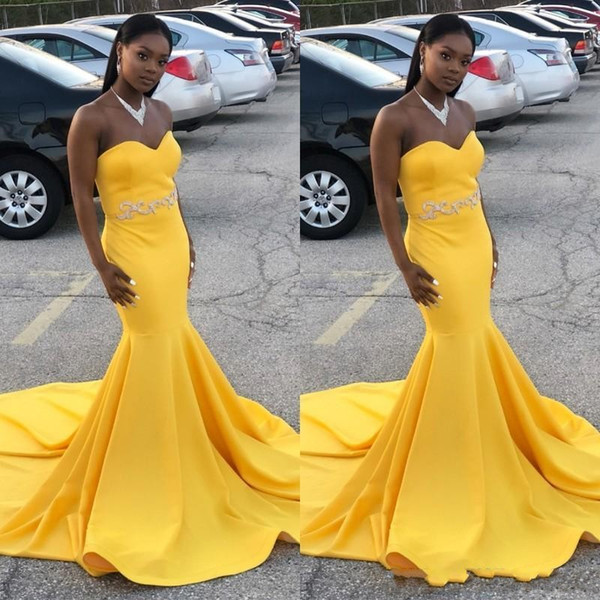 Modest Yellow Mermaid prom Dresses With Sash Beaded weetheart Back Zipper Satin Court Train Formal Evening Dresses south African