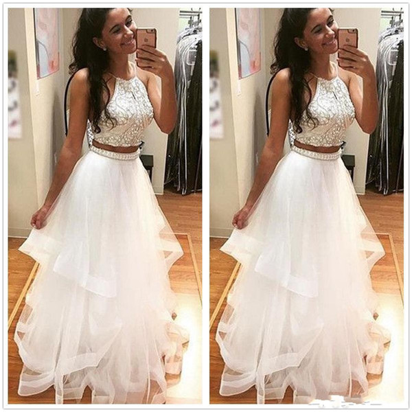 Charming Sexy Two Pieces Prom Dresses Tulle A Line Long Party Gowns Beaded Crystals Top Layered Ruffles Floor Length Evening Dresses