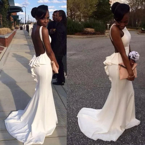 Charming African Black Girl White Prom Dresses Long Spaghetti Backless Sexy Mermaid Evening Dress Sweep Train Ruffles Party Gown