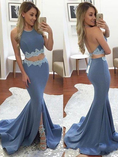 Generous Halter Two Pieces Long Sexy Prom Dress Sweep Train Split Front Lavender Backless Mermaid Prom Gown