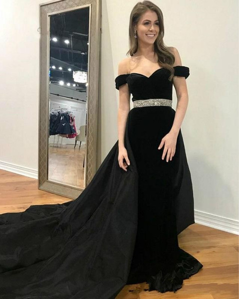 Generous Velvet Black Prom Dresses With Detachable Train Off the Shoulder Organza Long Formal Evening Gowns Cheap Plus Size