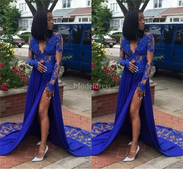 Arabric Lace Prom Dresses With Illusion Long Sleeves High Side Split Sweep Train Elegant Formal Party Evening Gowns Special Occasion Dresses