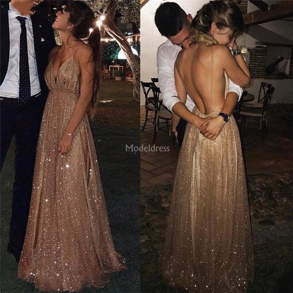 Luxury Sparkly Prom Dresses Spaghetti Backless Sweep Train Special Occasion Dress Stylish Formal Party Evening Gowns Cheap Hot Vestidos