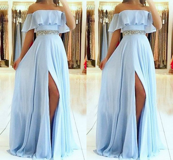 Modern Prom Dresses Off Shoulder High Side Split Sweep Train Chiffon Formal Party Evening Gowns Beads Cheap Special Occasion Dresses Vestido