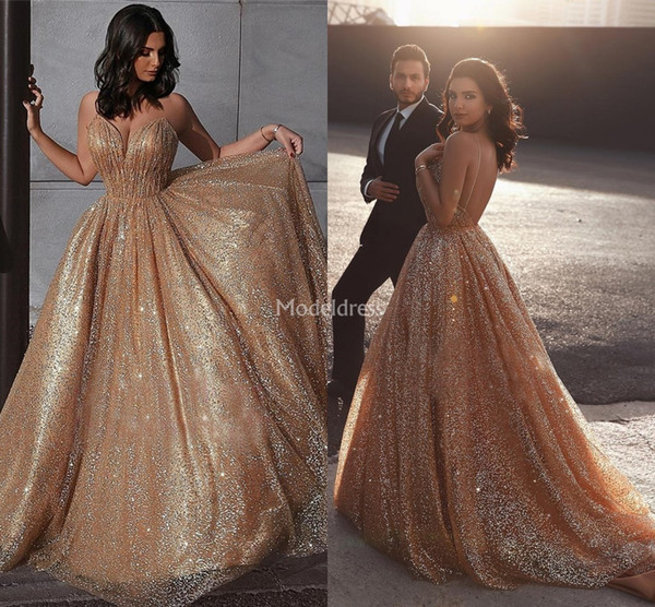 Luxury Biling Sparkly Prom Dresses A-Line Sweep Train Backless Formal Party Evening Gowns Charming Plus Size Special Occasion Dress Vestidos