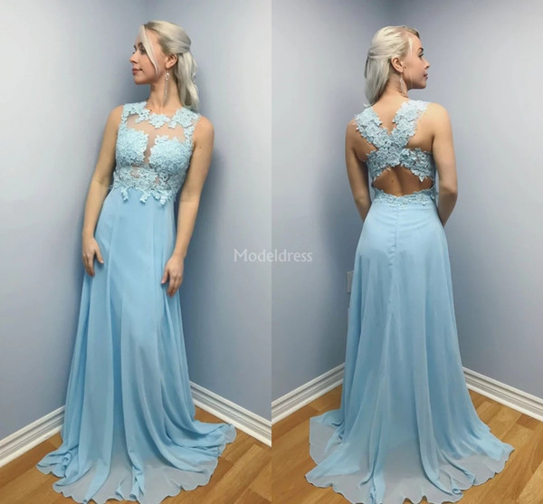 Gorgeous Lace Prom Dresses Jewel Neck Illusion Open Back A Line Sweep Train Chiffon Formal Party Evening Gown Elegant Special Occasion Dress