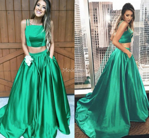 Latest Two Pieces Prom Dresses With Pockets Sweep Train Formal Party Evening Gowns Stylish Special Occasion Dresses Cheap Vestidos De Fiesta