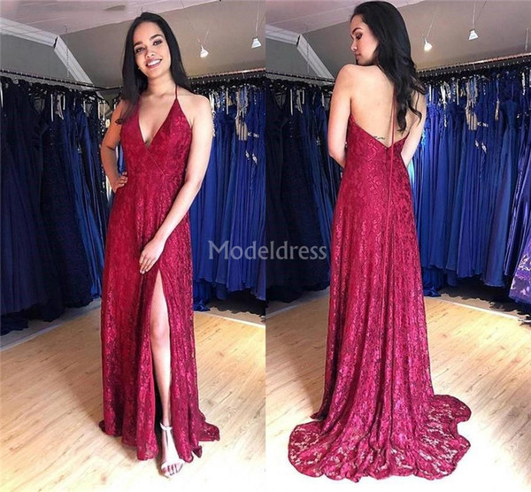 Sexy Full Lace Side Split Prom Dresses Deep V-Neck Backless Sweep Train Formal Party Evening Gowns Special Occasion Dresses Stylish Vestidos